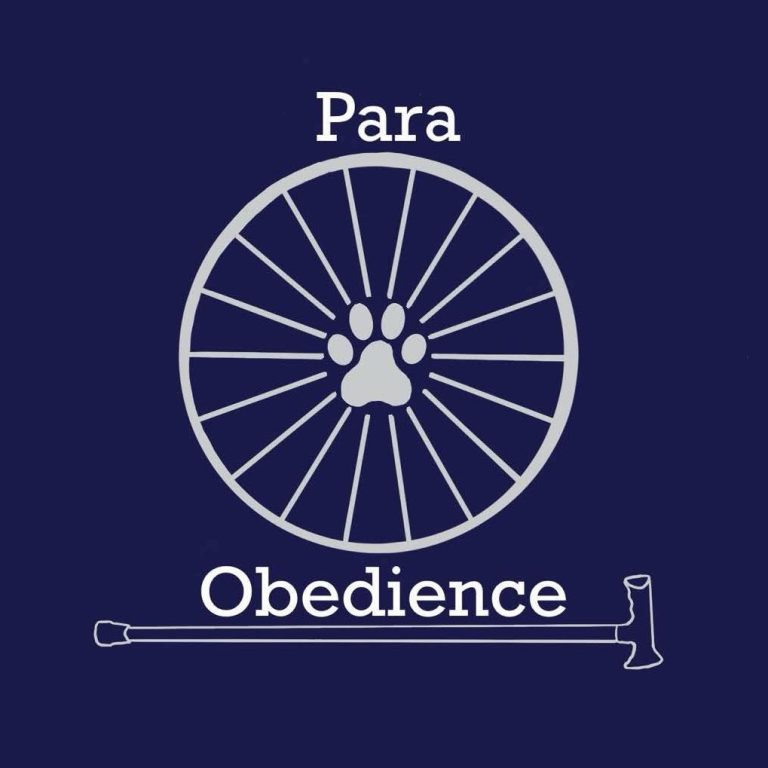 Our logo which features a wheelchair wheel with a paw at the centre over a walking stick lying on its side and the words 'Para Obedience'